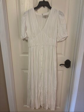 LOFT White V-Neck Button-Front Maxi Dress